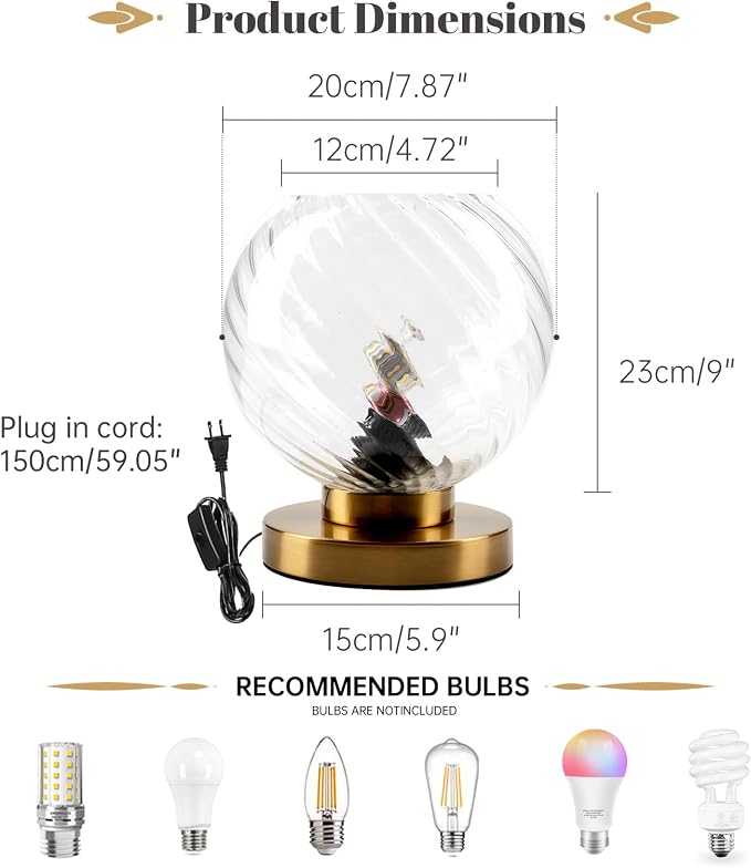 Mid Century Table Lamp Gold Metal Bedside Desk Lamp with Clear Ribbed Glass Shade, Plug-in Glass Globe Table Lamps for Office Studyroom