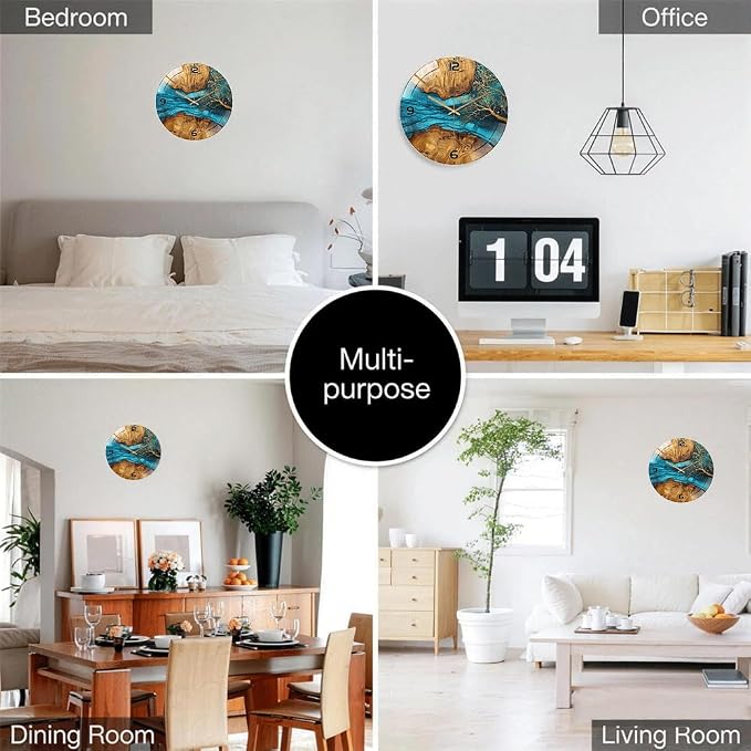 24 Inch Blue River Glass Wall Clock Silent Modern Art Decor | Silent glossy resin and wood-style wall clock perfectly tracks time, adding modern art to your living room