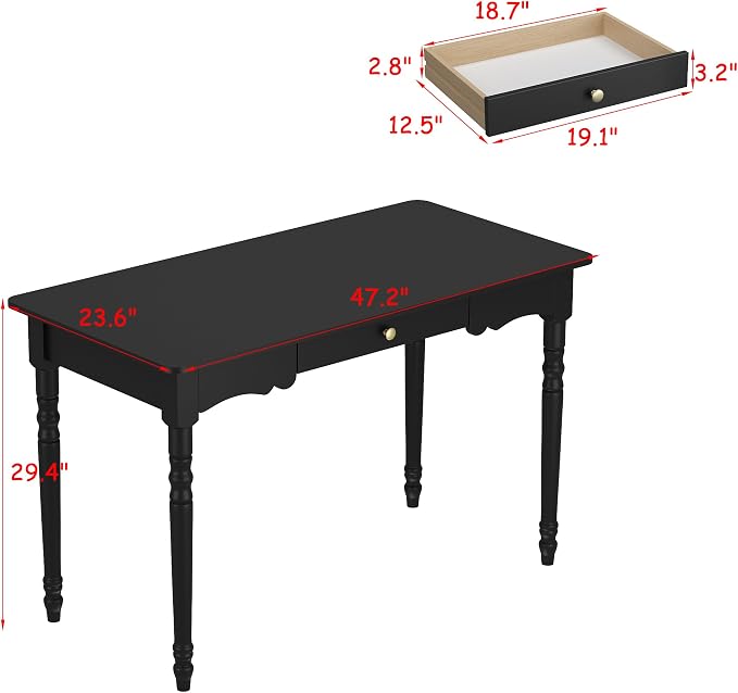 WOODTIME 47.2" W Home Office Computer Desk with Solid Wood Legs, Vintage Gaming PC Desk Study Writing Table with Drawer, Black