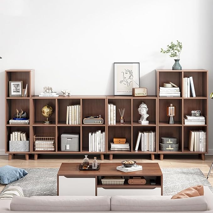 IOTXY Open Cube Low Bookcase - 3-Tier Freestanding Storage Display Cabinet Organizer with Legs for Home Office, 6-Cubes Open Shelf Short Bookshelf, Walnut