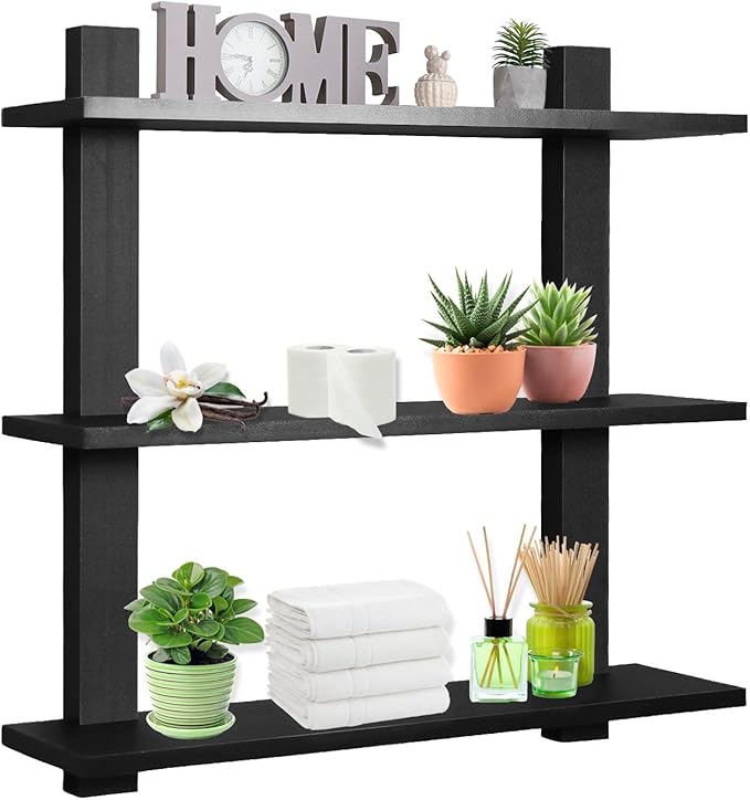 Sorbus Bathroom Shelves - 3-Tier Wall Mounted Floating Shelves for Books, Trophies, Wall Decor, Kitchen, Living Room & Bathroom Decor - Decorative Hanging Display Over the Toilet Storage Shelf - Black