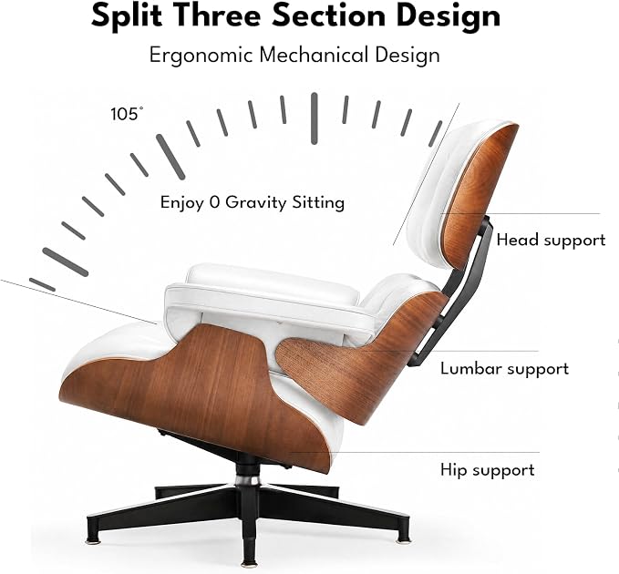 Top Grain Leather, Mid Century Chaise Lounge Chair and Ottoman, Reading Chair, Accent Lounge Chair, Modern Chair, Classic Design, Heavy Duty Base Support for Living Room Lounge Office, Walnut-White