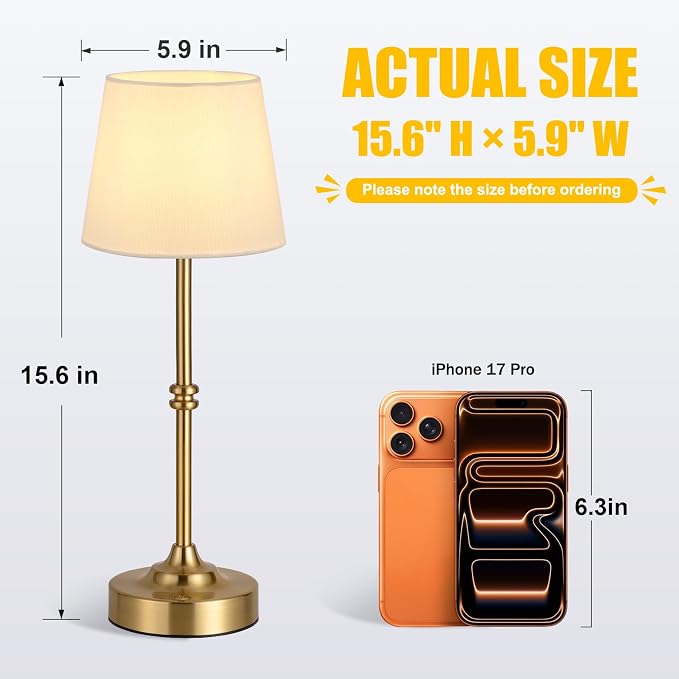 Kakanuo Rechargeable Cordless Table Lamp Gold - 1 Pack Brass 4000mAh Battery Operated Lamp, 3000K Warm Light, Touch Control Stepless Dimming, for Bedside, Dining Table, Home Decor