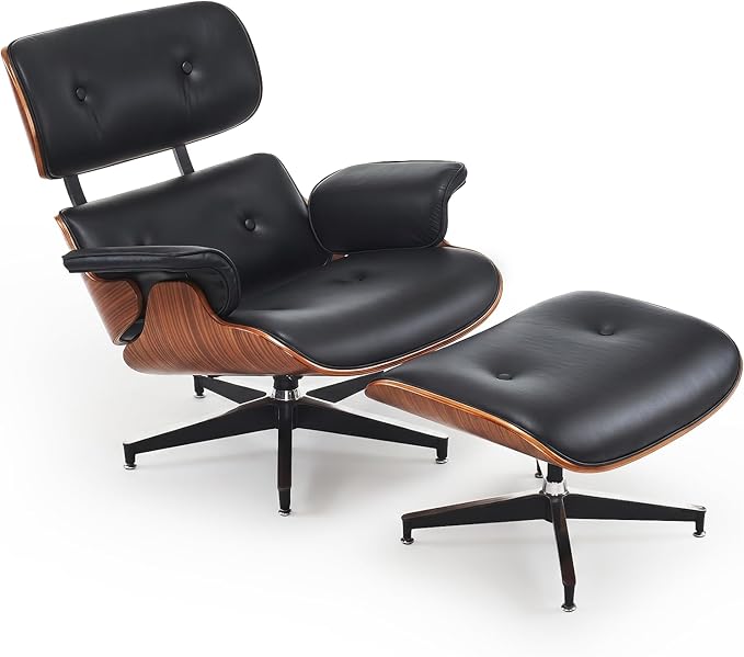 Mid-Century Modern Lounge Chair and Ottoman Set, PU Leather Accent Chair with Wood Finish, Modern Chair Classic Design Recline Swivel Reading Chair Heavy Duty Base Support for Living Room, Office