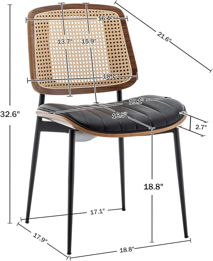 Rattan Dining Room Chairs Set of 2, Mid Century Modern Kitchen Ktichen Chairs,Faux Leather Walnut Wood Finish Side Chair, Metal Legs Desk Chair with Rattan Backrest,Black