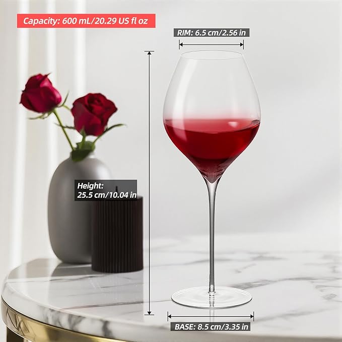 KAMMAK Wine Glasses Set of 2, 20.29 oz Hand Blown Crystal Bordeaux Wine Glasses, Thin Rim & Long Stem, Perfect for Red & White, Daily Use, Wedding or Birthday Gift with Gift Box, Wuji