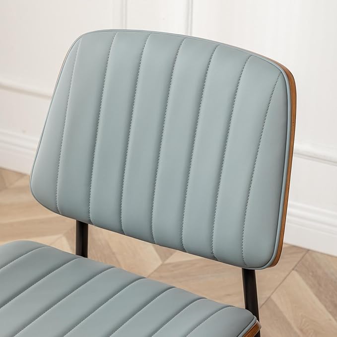 LUNLING Dining Chairs Set of 4 Mid Century Modern Retro Faux Leather Chair with Walnut Bentwood Upholstered Seat Metal Legs Chairs,Adjustable Foot for Kitchen Dining Room Chairs(Blue)