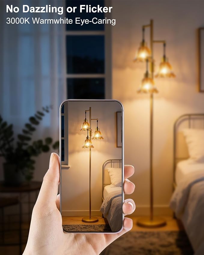 3-Light Modern Glass Floor Lamp, Gold Standing Tall Lamp with Amber Glass Shade for Reading, Dimmable LED Floor Lamp with 5Lbs Heavy Base for Living Room Bedroom Home Decor, Bulb Included