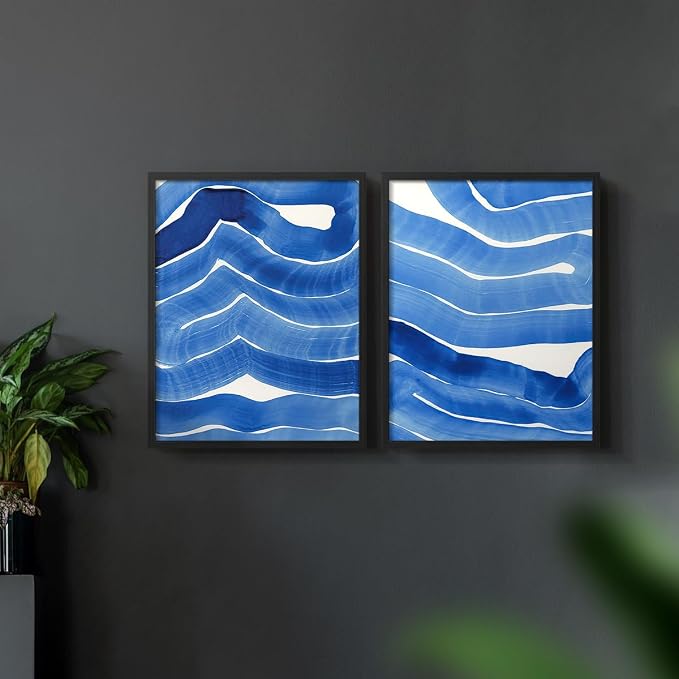 Renditions Gallery Set of 2 Peel & Stick Framed Prints, Watercolor Abstract Wall Art, Bold Brushstrokes in Shades of Blue Wall Decor, Re-Stickable - Ready to Hang - 16"x20" - Black Frame LT588