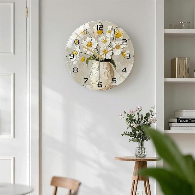12 Inch White Floral Glass Wall Clock Silent Modern Art Decor | Silent glossy wall clock with an elegant impasto floral painting design, tracking time perfectly for your living room