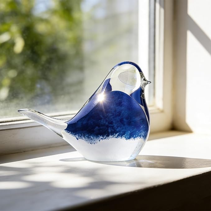 Blown Glass Birds - Glass Art Bird Decor, Hand Blown Glass Animal Figurines Paperweight for Home Shelf Decor
