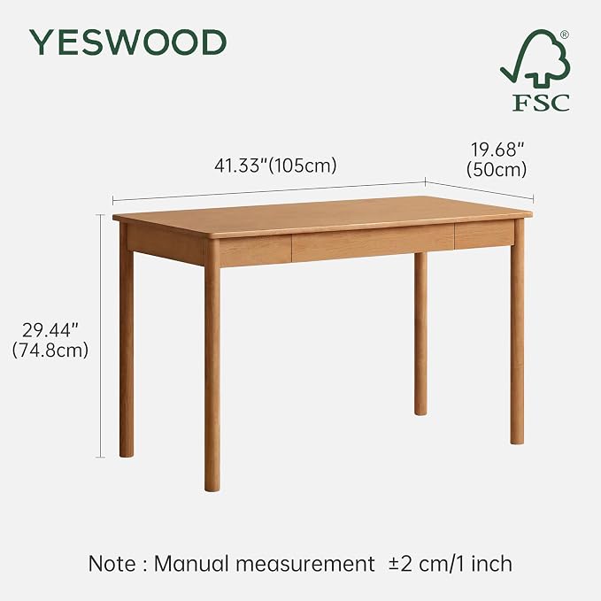 YESWOOD 100% Solid Wood Desk, Mid Century Modern Computer Desk, Home Office Writing Desk with Drawers for Study Living Room Natural Wood Color(41.33" W)