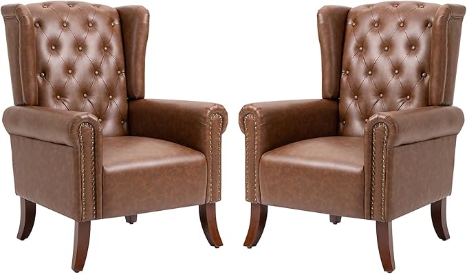 MOJAY Mid-Century Modern Living Room Chairs Set of 2, Upholstered Faux Leather Accent Chairs Club Arm Chair, Single Sofa Chair with Solid Wooden Legs for Bedroom Study Home Office Lounges (Brown)