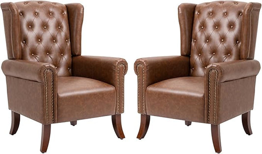 MOJAY Mid-Century Modern Living Room Chairs Set of 2, Upholstered Faux Leather Accent Chairs Club Arm Chair, Single Sofa Chair with Solid Wooden Legs for Bedroom Study Home Office Lounges (Brown)