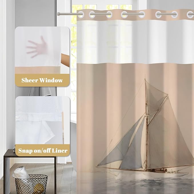 No Hook Shower Curtain with Removable Snap in Liner, Nautical Sailboat Coastal Ocean Sail Print, 71W x 74H Waterproof Fabric Double Layer Bath Curtain with Mesh Top for Bathroom