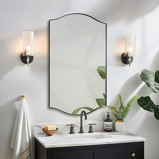 ANDY STAR Rectangle Scalloped Mirror, 24"x40" Matte Black Bathroom Mirror in SUS304 Stainless Steel Metal Frame, Irregular Vanity Mirror with Unique Arched Top Design
