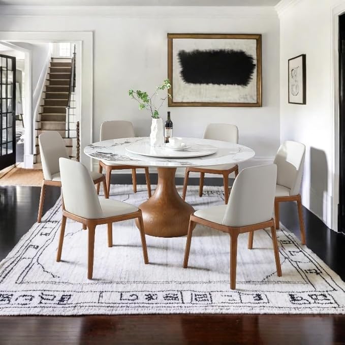 Montary 7 Piece Modern Dining Table Set of 6, Round 53" D Faux Marble Dining Table with Lazy Susan, Sintered Stone Top and Wood Base Dining Room Table with 6 Dining Chairs