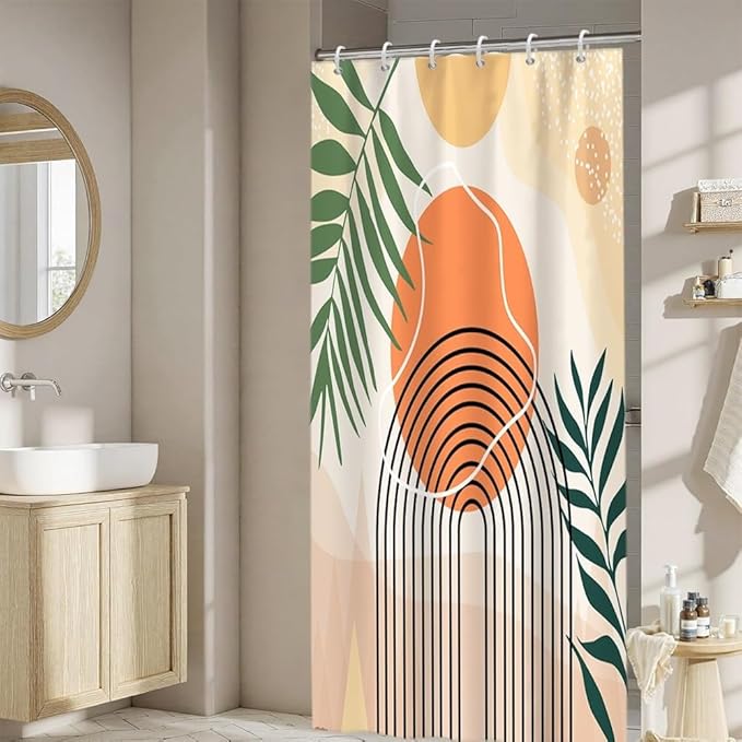 Modern Boho Shower Curtain for Bathroom Abstract Minimalist Bathroom Decor Set Green Leaves Arch Stripes Orange Sun Bathtub Curtains Machine Washable Waterproof Polyester Fabric with Hooks 48x72 Inch