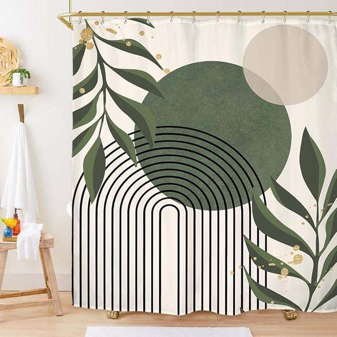 Miyotaa Abstract Sage Green Shower Curtain Set 71Wx71H Inches Minimalist Plant Aesthetic Modern Neutral Leaves Mid Century Waterproof Bathroom Curtain with 12 Hooks
