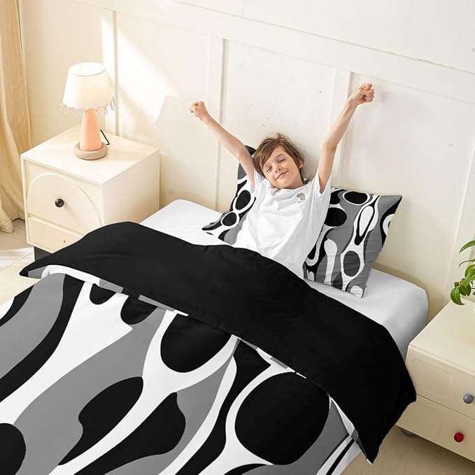 Erosebridal Organic Geometric Duvet Cover Set Modern Abstract Twin Bedding Sets for Girls Youth Boys Retro Mid Century Comforter Cover Modern Fluid Art Irregular Circles Bed Set,Gray Black