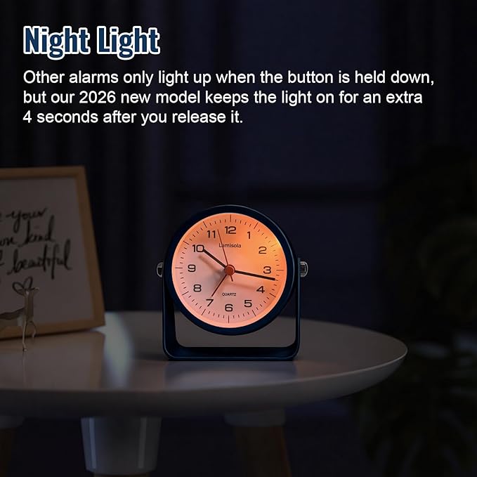 Lamisola 3.5 Inch Small Desk Alarm Clock, Battery Operated Analog Silent Clock with Night Light, Retro Vintage Metal Bedside Clock for Bedroom, Office, Bathroom, Dorm, Shelf, Table -Navy Blue