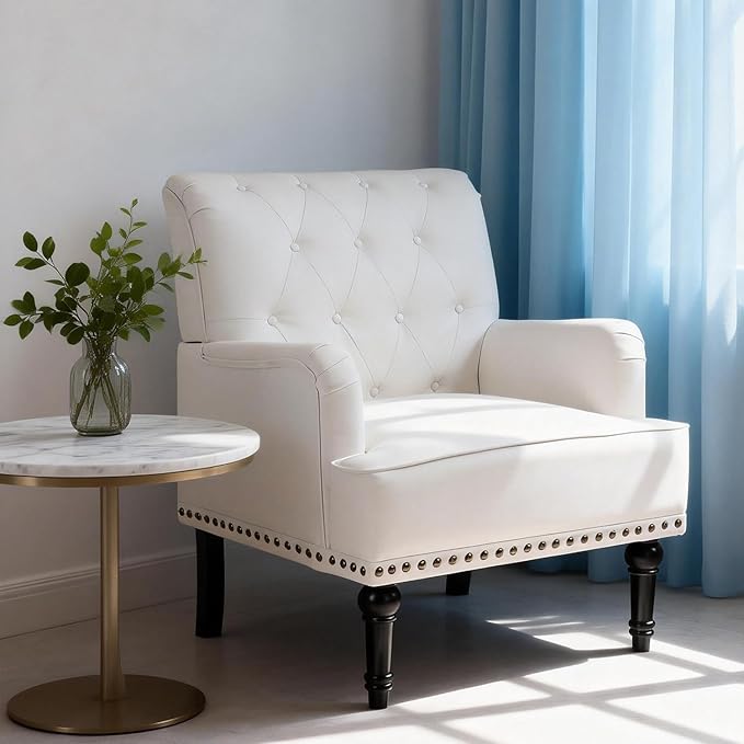 MOJAY PU Leather Accent Chair, Mid-Century Armchair Living Room Sofa Chair with Rubber Wood Leg, Club Chair with Rivet Trim for Bedroom Reading Room Reception (White)