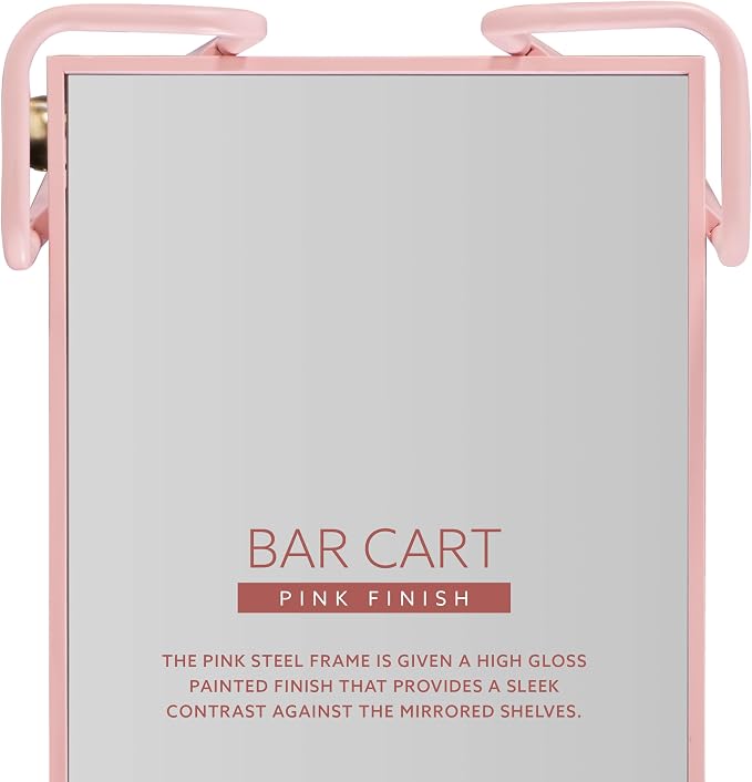 Gina Pink Mid-Century Bar Cart with Mirrored Shelves and Locking Wheels by Linon