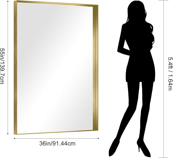 CIRCUMI Gold Bathroom Mirror, 36"x55" Rectangular Mirror with Deep Metal Frame, Brushed Finish, Tempered Glass, Large Mirror for Wall, Over 2 Sinks, Installed Vertically/Horizontally, Crystal-Clear