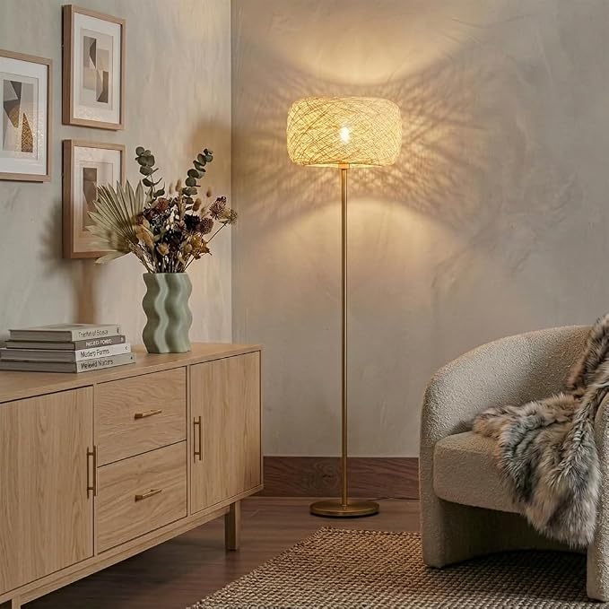 Brightech Rowan Elegant Floor Lamp – Modern Unique Thread Shade Matches Boho, and Mid-Century Décor – Free Standing LED Light for Living Rooms and Bedrooms – Tall Indoor Lamp Gets Compliments - Brass