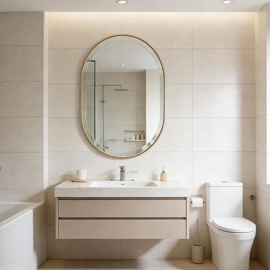 POZINO Oval Mirror Over Sink, Brushed Gold Beveled Mirror, 24"x36" Bathroom Vanity Mirrors with Stainless Steel Frame, Brass Oblong Wall Mirrors for Bedroom Living Room, Hangs Horizontal Or Vertical
