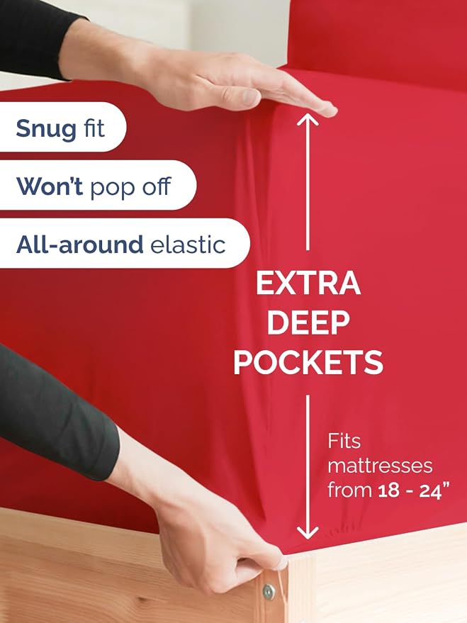 Extra Deep Split King Sheet Set - 7 Piece Breathable and Cooling Sheets - Hotel Luxury Bedding for Women, Men, Kids & Teens - Easy Secure Fit - Soft, Wrinkle Free and Comfy - Extra Deep Pockets - Red