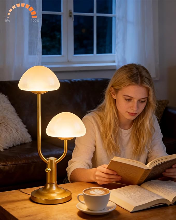Lightdot Mushroom Table Lamp for Bedroom, Small Cute Desk Bedside Lamps for Living Room Night Stands, Modern Mid Century Lamps Dimmable with 2 LED Bulbs, Unique Aesthetic Home Decor-Gold