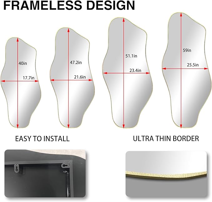 Irregular Mirror, Asymmetrical Frameless Mirrors, 40"x17.7" Gold Abstract Wall Mirror Decorative, Modern Cloud Shaped Mirrors for Living Room Bathroom Bedroom Hallway Entryway Fireplace