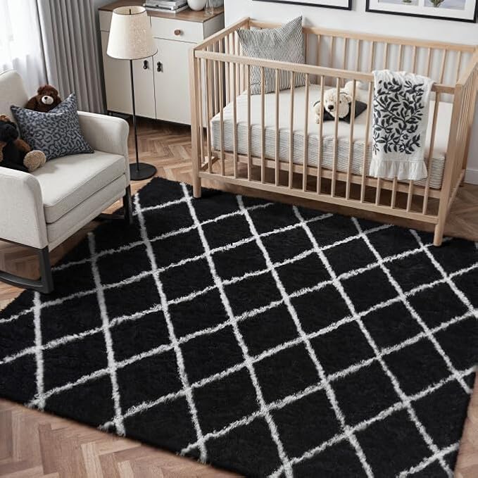 4x6 Checkered Rug for Living Room Black and White Modern Soft Area Rug Fluffy Non-Slip Carpet for Bedroom Playroom Home Aesthetic Decor