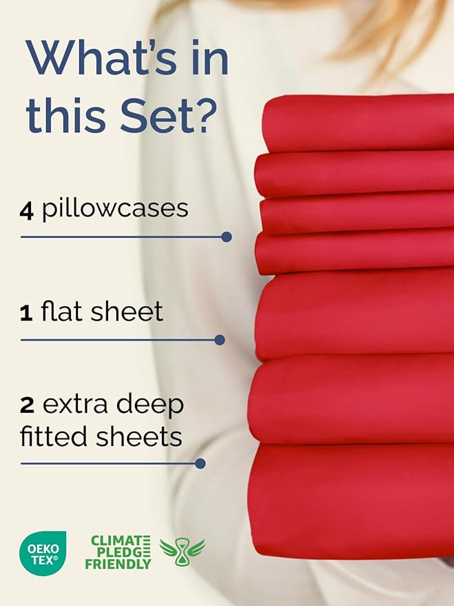 Extra Deep Split King Sheet Set - 7 Piece Breathable and Cooling Sheets - Hotel Luxury Bedding for Women, Men, Kids & Teens - Easy Secure Fit - Soft, Wrinkle Free and Comfy - Extra Deep Pockets - Red