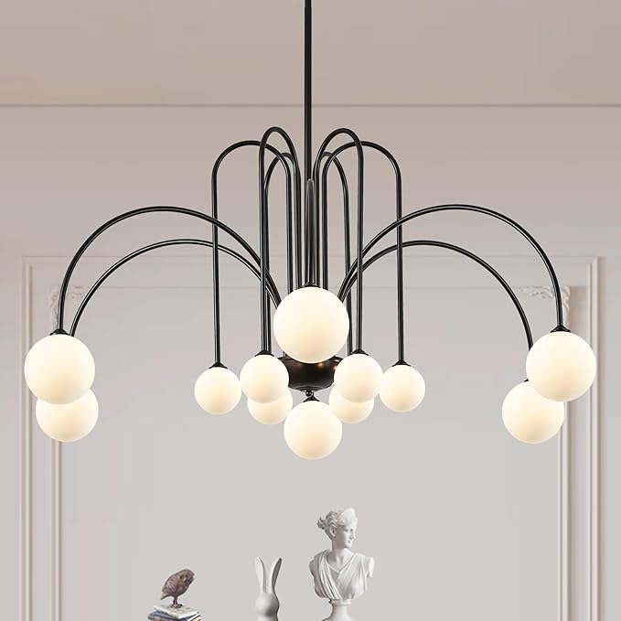 L52” Modern Sputnik Chandelier Large 12 Lights Mid Century Milk Glass Globe Ceiling Pendant Lighting Luxury for High Ceiling Foyer Staircase Living Dining Room