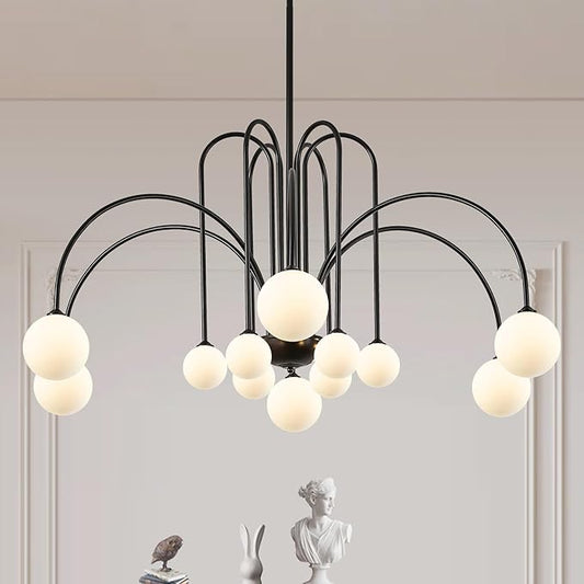 L52” Modern Sputnik Chandelier Large 12 Lights Mid Century Milk Glass Globe Ceiling Pendant Lighting Luxury for High Ceiling Foyer Staircase Living Dining Room