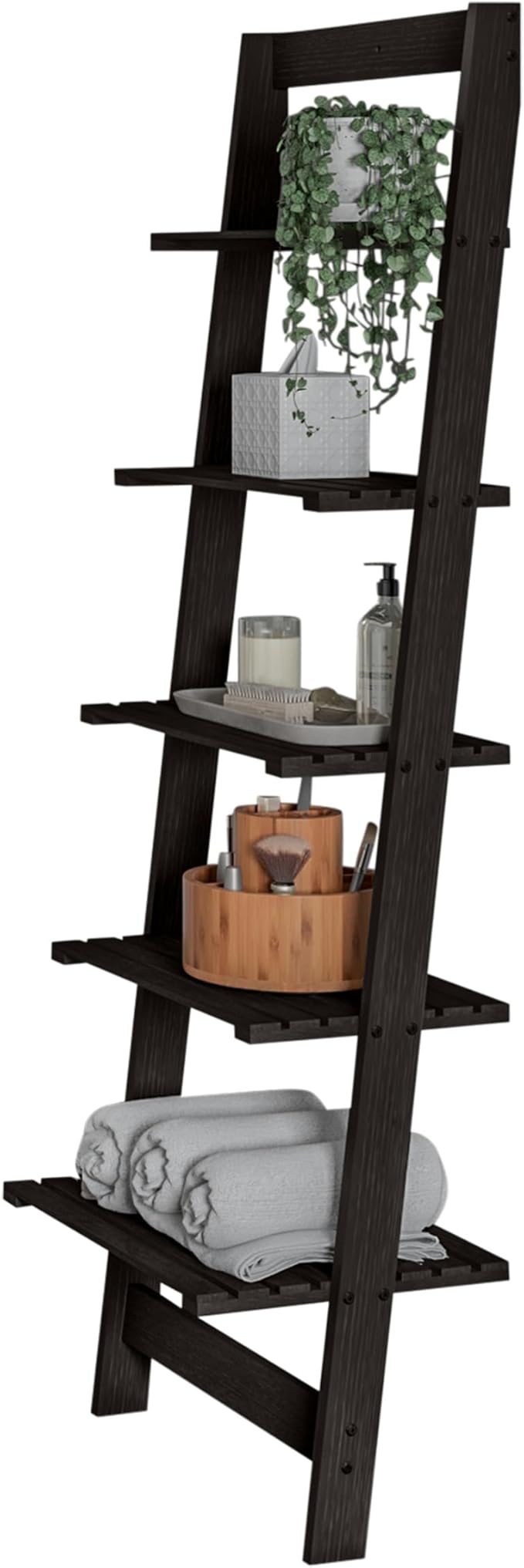 Lavish Home 5-Tier Ladder Shelf – 50" Narrow Leaning Wood Bookcase for Small Spaces, Decorative Storage in Living Room, Office, or Bathroom – Black Modern Display Shelf