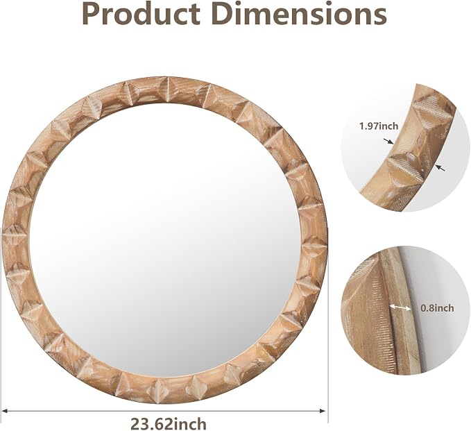 Solid Wood Wall Mirror, 24 Inch Round Hand-Carved Pine Wood Frame Circle for Wall Decor, Rustic Farmhouse Mirror for Bathroom, Living Room, Entryway, Natural Wood