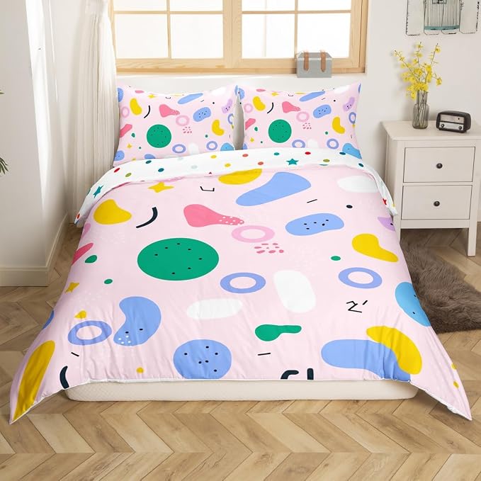 Cow Print Duvet Cover Hipster Memphis Bedding Set,80s and 90s Hip Hop Funky Comforter Cover Colorful Pop Art Twin Bed Set,Watercolor Eighties Memphis Geometrical 80s Bedroom Decor Pink