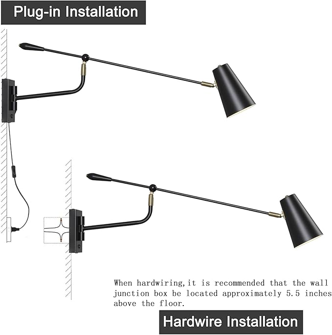 Rotatable Adjustable Direction Swing Arm Wall Sconce, 33" Dual Power Modes Plug-in/Hardwired, Vintage Industrial Black Wall Lamps for Living Room Bedroom Dining, E26 Bulb