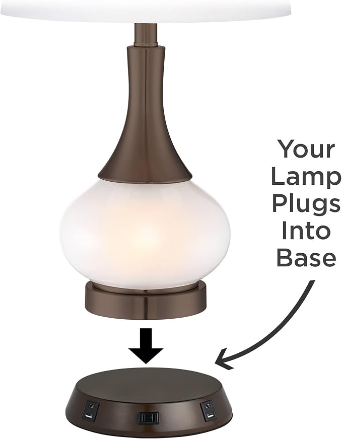 360 Lighting Rocco Mid Century Modern Table Lamp with USB and AC Power Outlet Workstation Charging Base 30" Tall White Ceramic Oak Wood Tan Fabric Drum Shade for Living Room Bedroom House