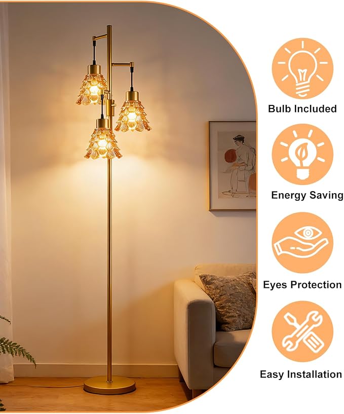 3-Light Modern Glass Floor Lamp, Gold Standing Tall Lamp with Amber Pinecone Glass Shade for Reading, Dimmable LED Floor Lamp with 5Lbs Heavy Base for Living Room Bedroom Home Decor, Bulb Included
