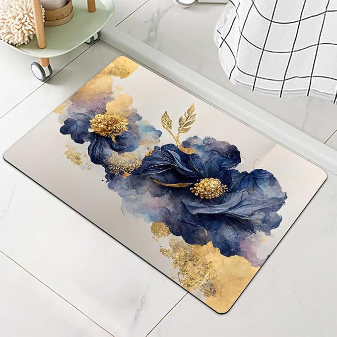 Diatomaceous Earth Bath Mat,Watercolor Flowers Gold and Blue Non-Slip Volume Super Absorbent Fast Drying for Bathroom Kitchen Door mat,Eco-Friendly Easy to Clean 17×27.5Inch (43 * 70cm)