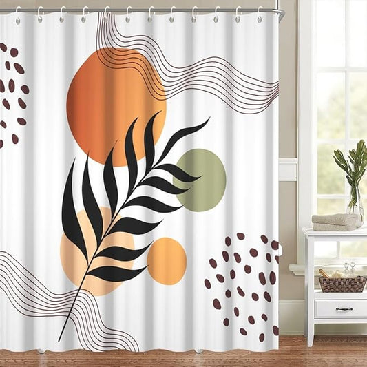 Boho Shower Curtain for Bathroom Black Leaves Orange Sun Brown Spots Abstract Stripes Shower Curtains Abstract Minimalist Bathroom Set Decor Washable Waterproof Polyester Fabric with Hooks 72x84 Inch