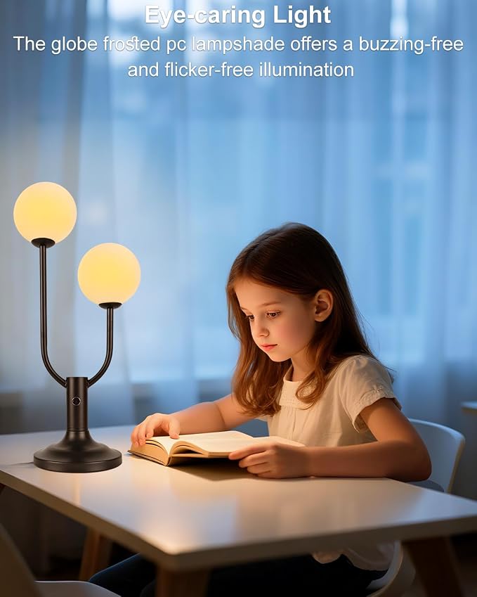Lightdot 2-Globe Table Lamp for Bedroom Mid Century Modern Black Small Desk Lamp 3000K Warmwhite Dimmable Nightstands Lamp Bedside Table Lamp for Living Room Home Office