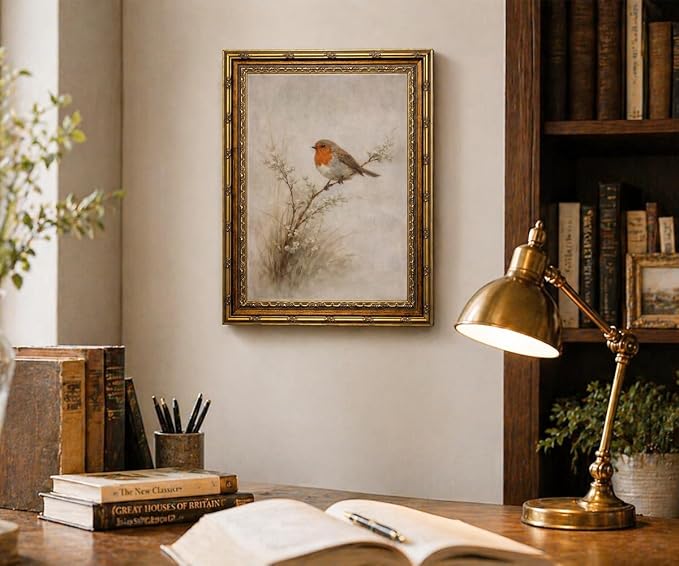 Vintage Gold Framed European Robin Perched on Branch Wall Art - Redbreast Robin Bird on Twig with Flowers Painting Print, Antique Gold Frame Nature Picture Wall Decor 12x16 Inch