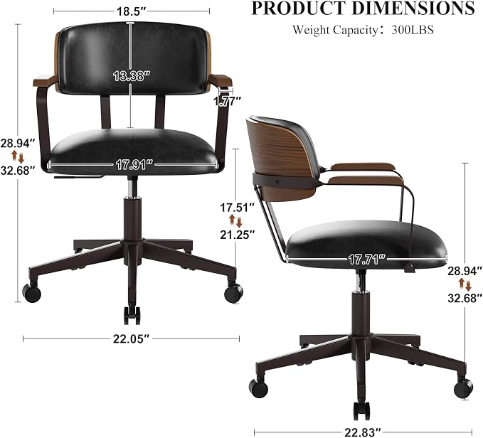 Mid-Century Modern Desk Chair with Walnut Bentwood Design,Retro Home Office Chair with Adjustable Height,360°Swivel,Smooth Rolling Casters,Small Computer Chair PU Leather (Black)