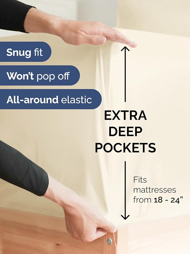 Extra Deep Split King Sheet Set - 7 Piece Breathable and Cooling Sheets - Hotel Luxury Bedding for Women, Men, Kids & Teens - Easy Secure Fit - Soft and Wrinkle Free - Extra Deep Pockets - Off White