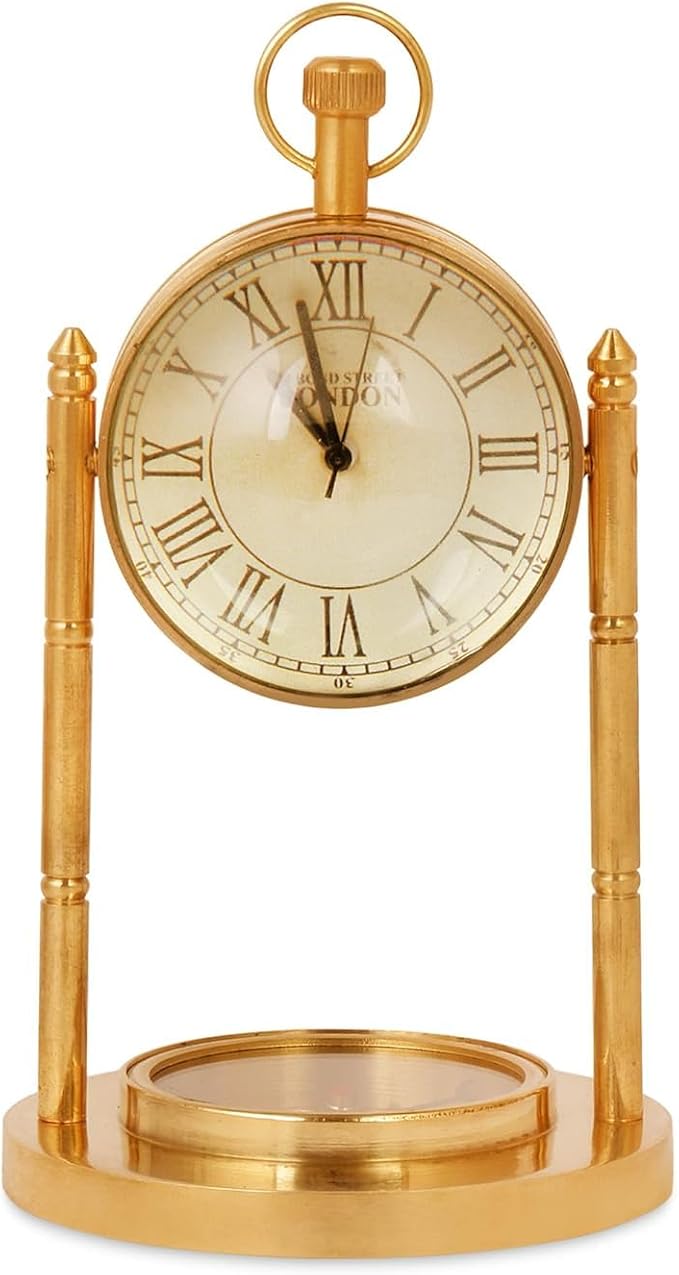 Solid Brass Desk Clock Vintage Tabletop Timepiece Antique Maritime Style Office Clock Polished Brass Finish Elegant Nautical Decor for Home, Study, or Workspace Premium (12x5.5 Inch)